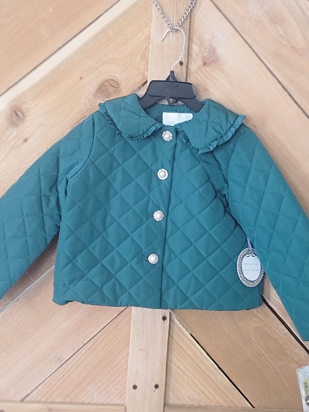 Edgehill Collection Quilted Puffer Jacket in Green with Ruffle Collar